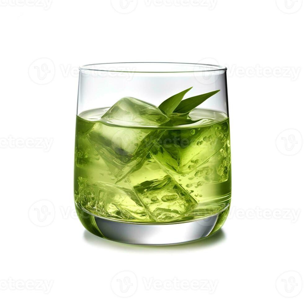 AI generated Cold drink of green tea with ice cubes on white background photo