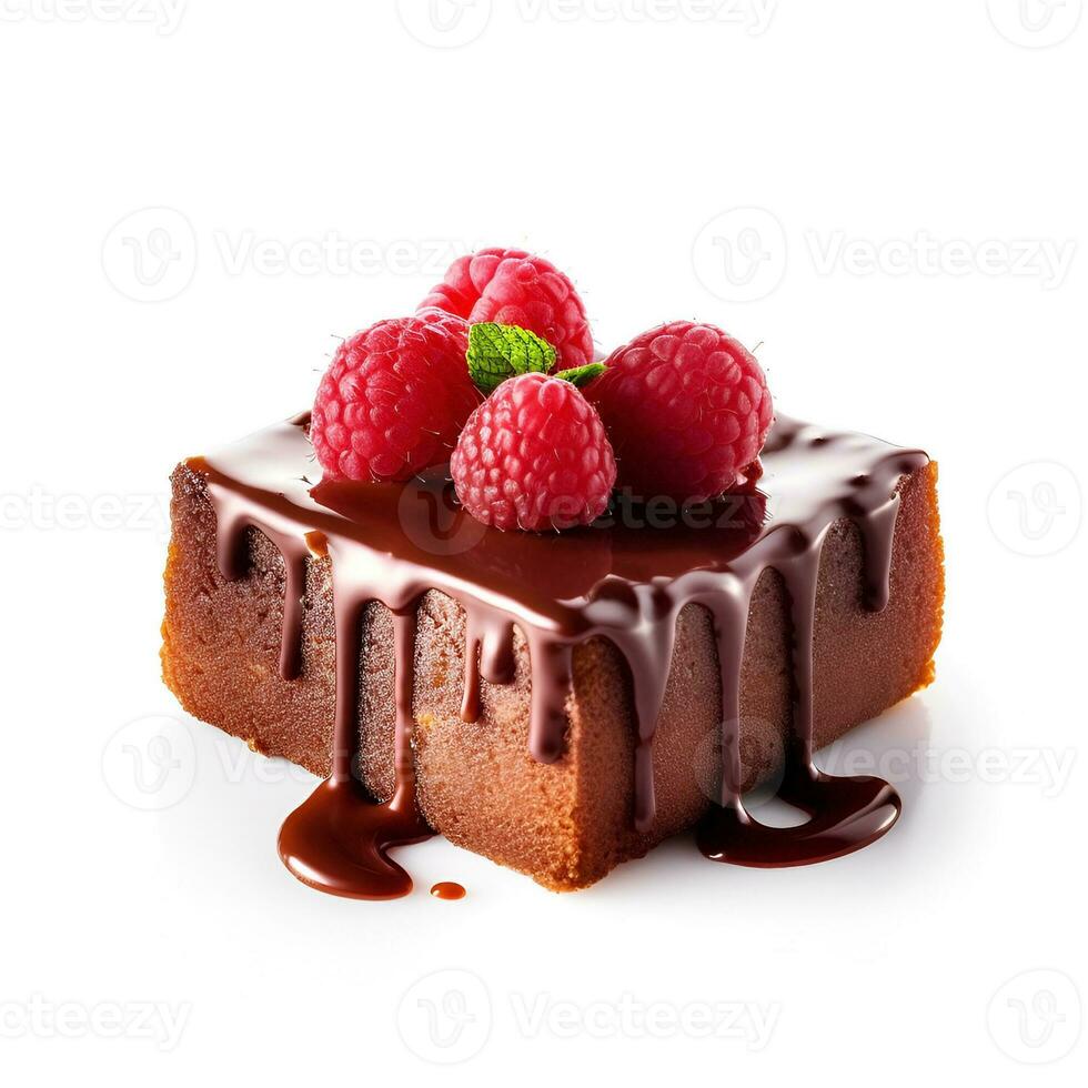AI generated Brownie pie with chocolate topping and raspberries on a white background photo