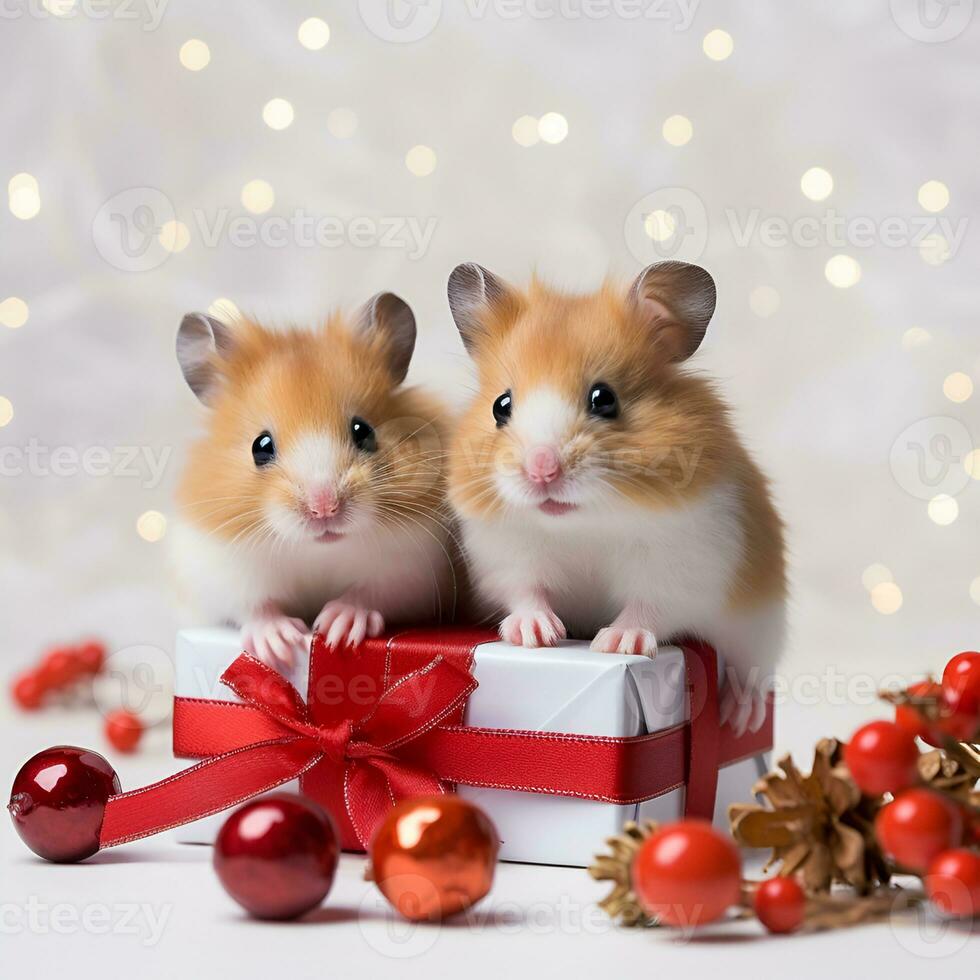 ai generado dos linda hámster en regalos caja en el antecedentes de Navidad decoraciones foto