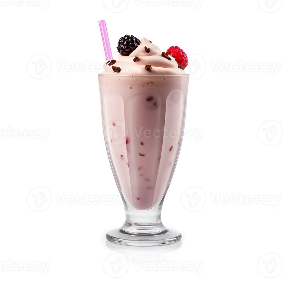 AI generated Milkshake with raspberries and blackberries on a white background. photo