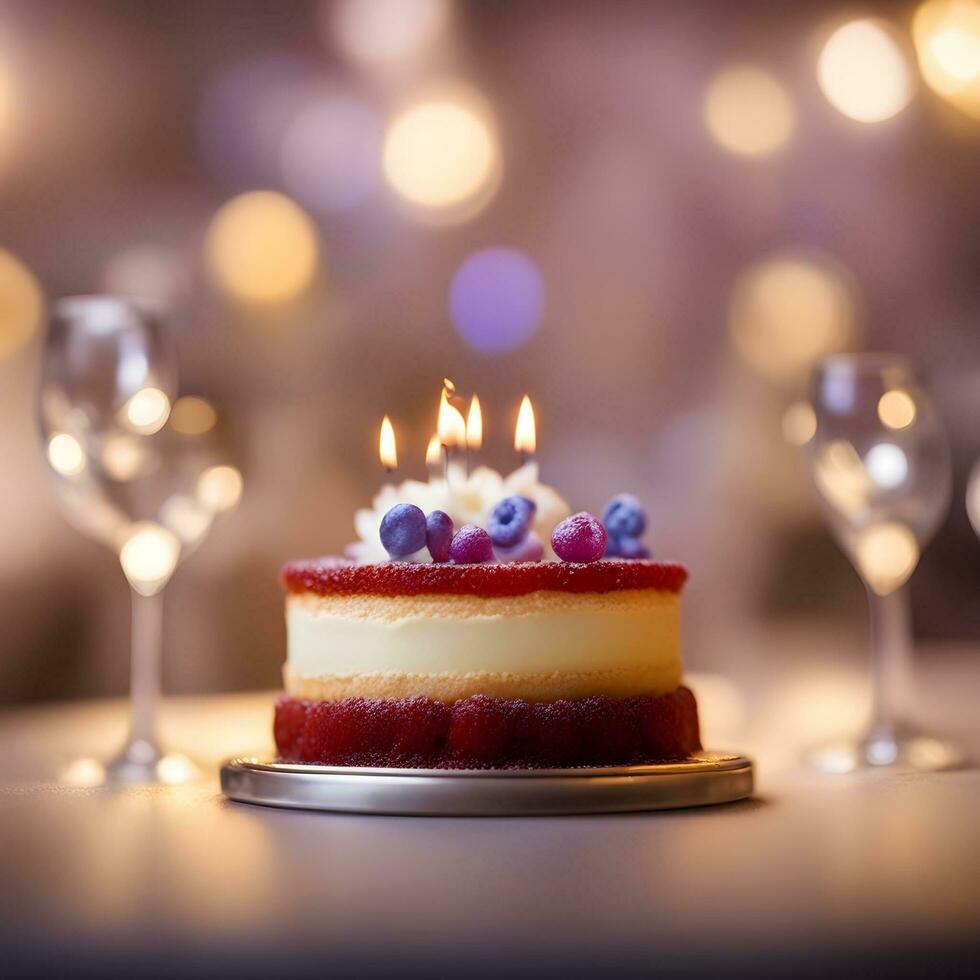 ai generado cumpleaños pastel con velas en el mesa foto