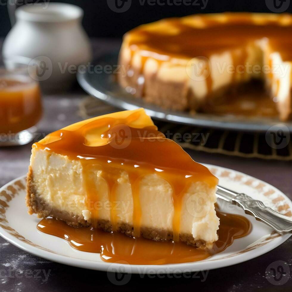 AI generated Homemade cheesecake with caramel syrup photo