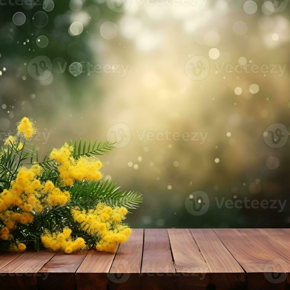 AI generated Mimosa flower backgrounds with empty wooden table. Generated AI photo