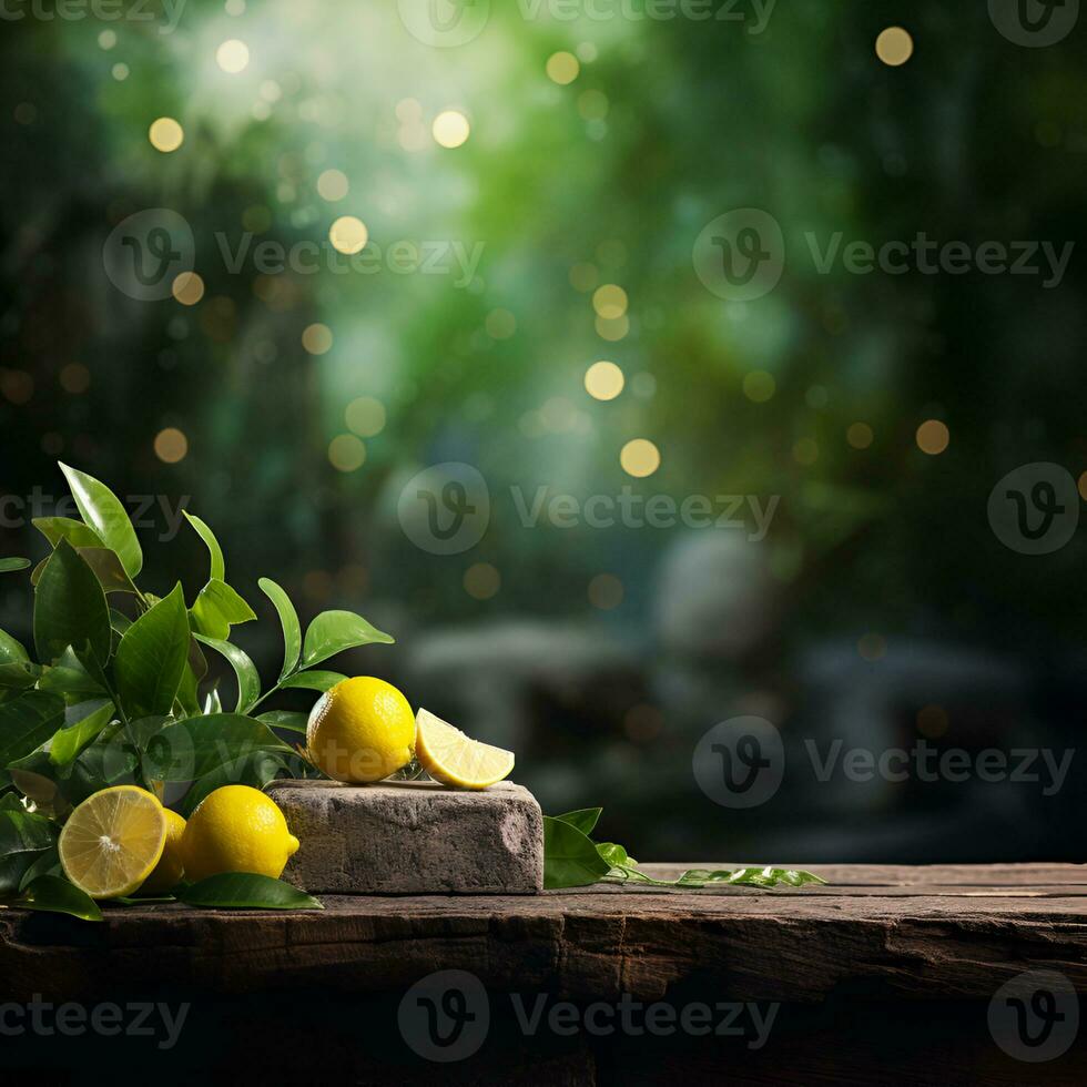 AI generated Lemons fruits backgrounds with empty wooden table. Generated AI photo