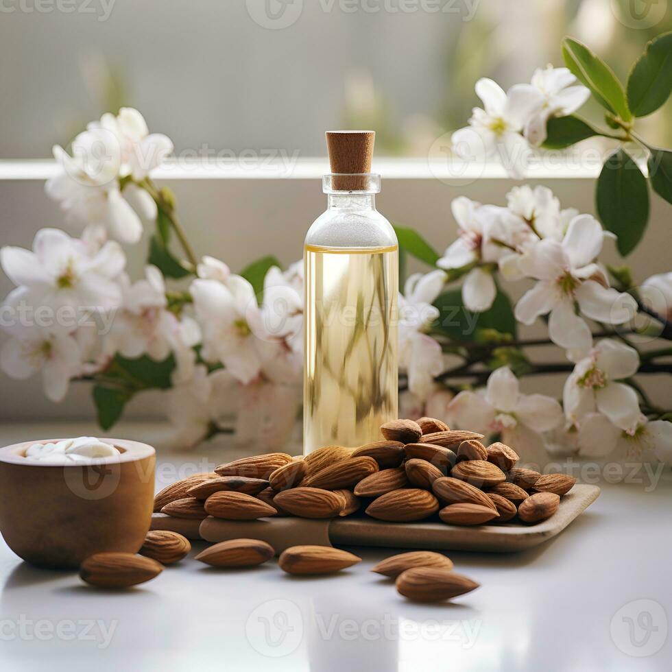 AI generated Almonds  oil in bottle on wooden backgrounds.  Ai generative. Illustration. photo