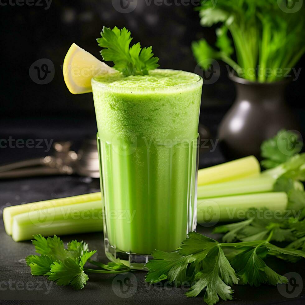 AI generated Healthy celery  drink in a glass glass on a dark background photo