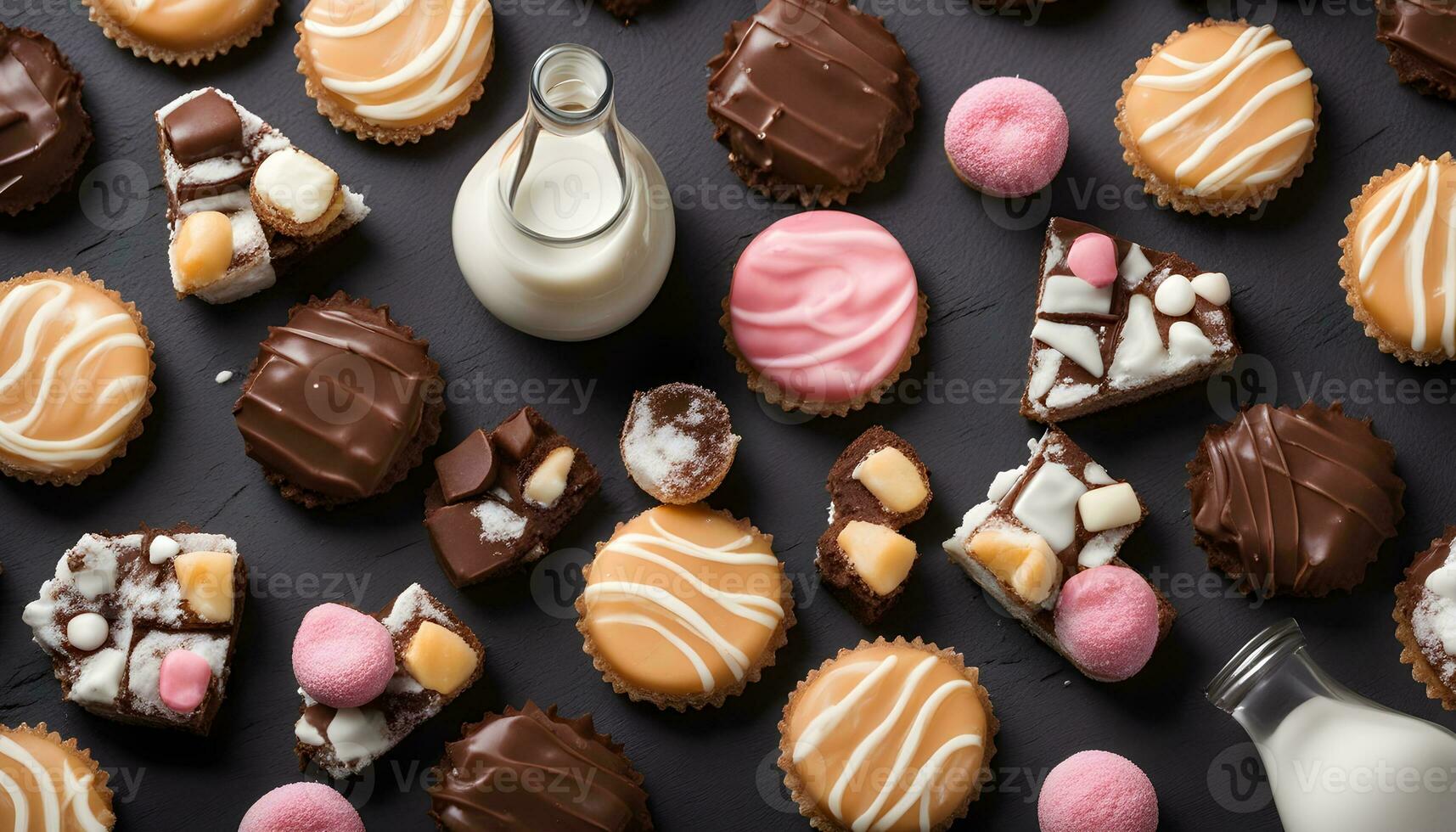 AI generated various types of cookies and candies on a black background photo