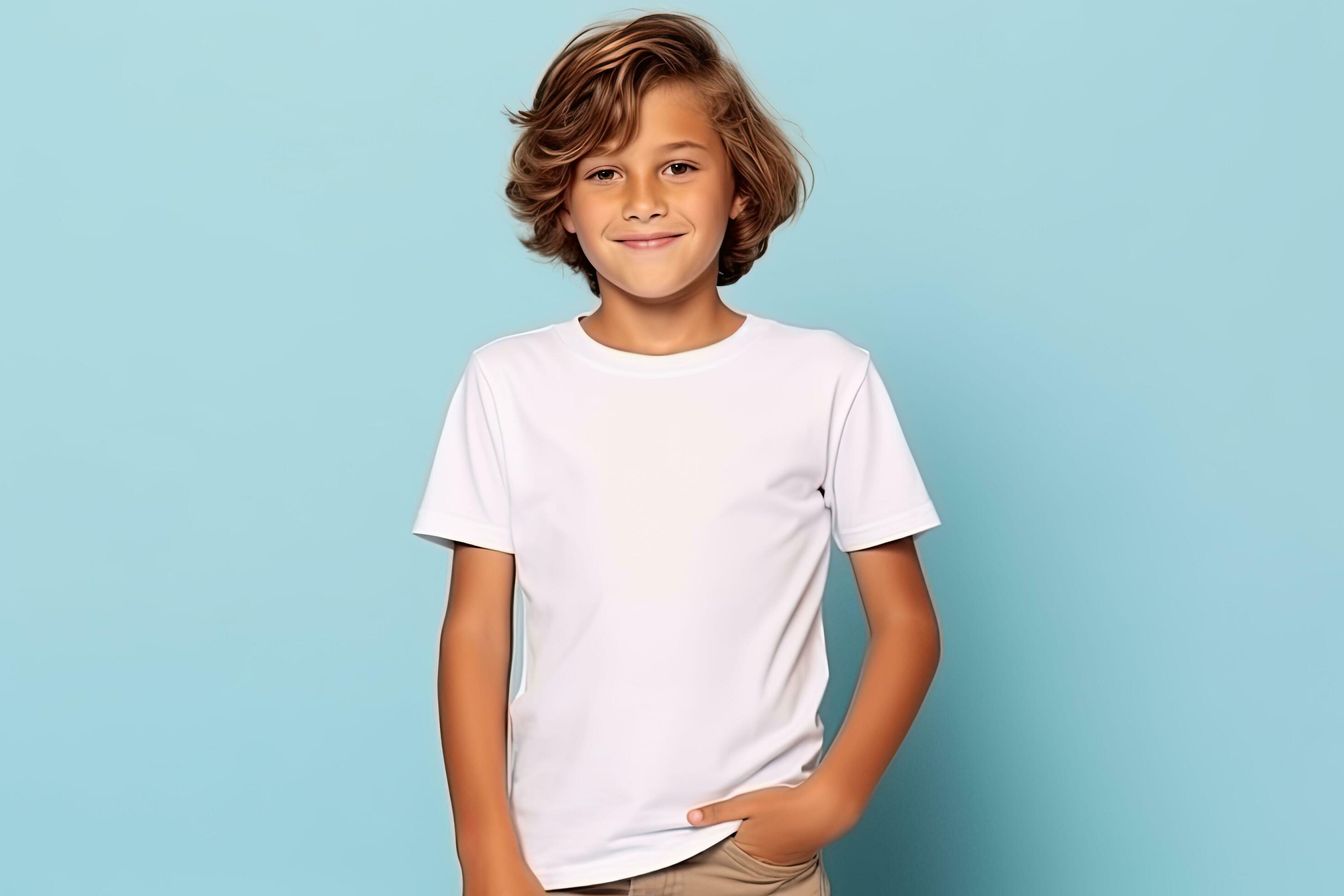 AI generated Teenage boy in white t-shirt on blue background. T-shirt ...