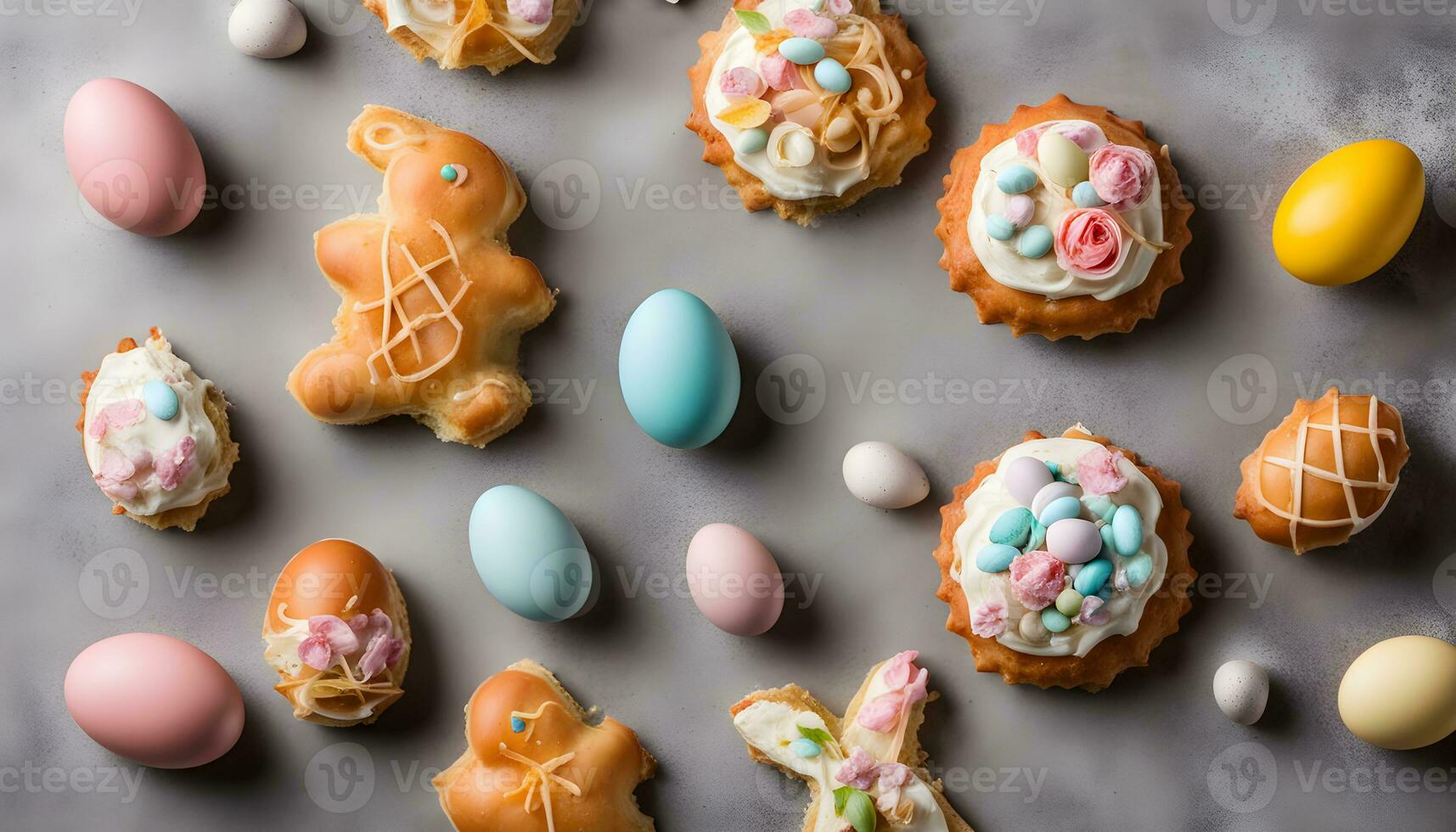 AI generated easter eggs and pastries on a table photo