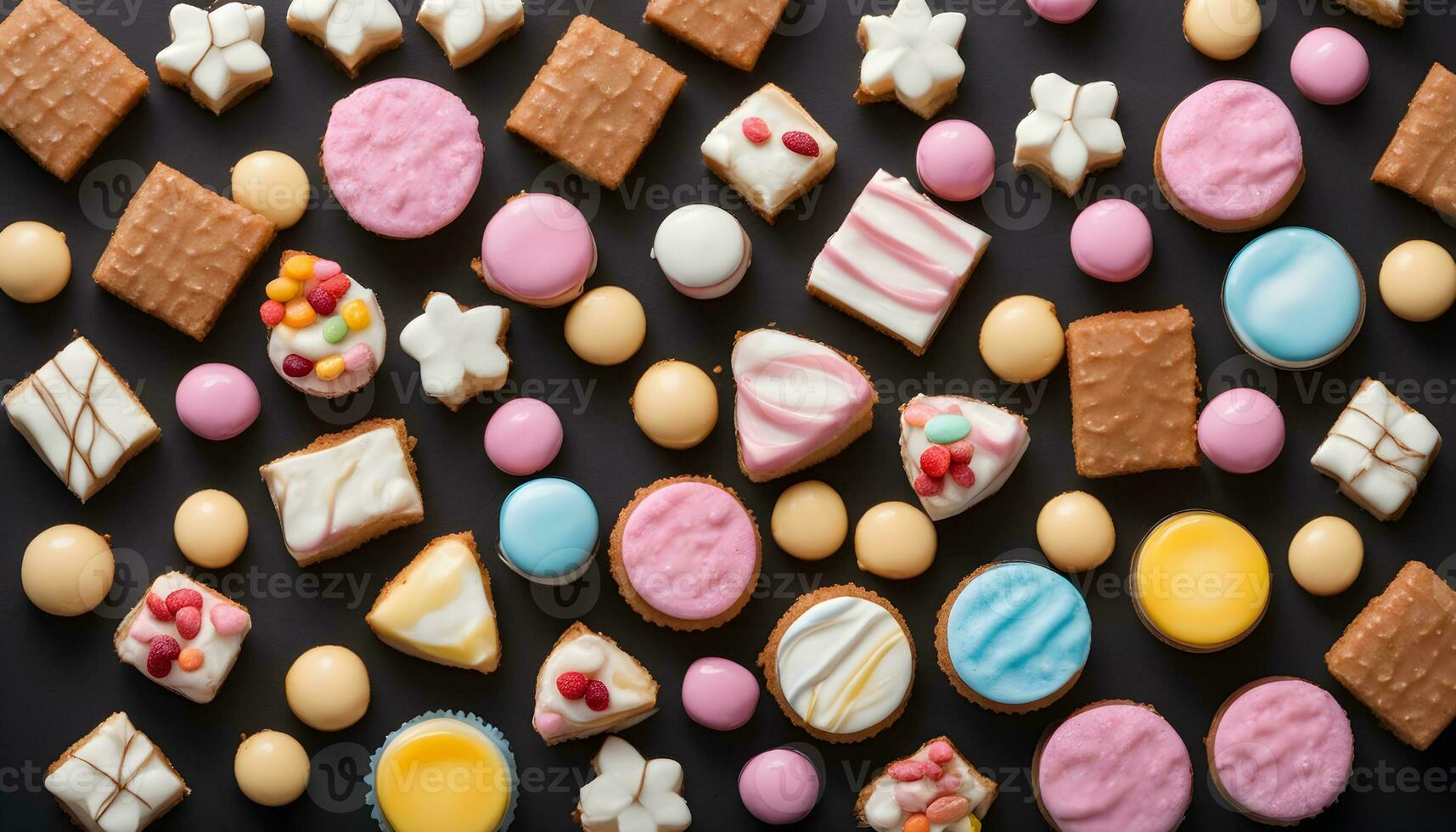 AI generated assortment of cookies and pastries on black background photo