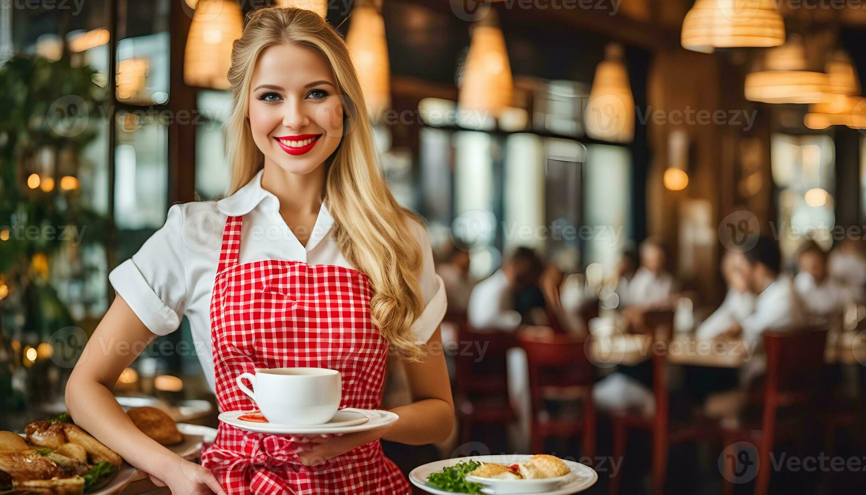 ai generado un camarera participación un plato con comida foto