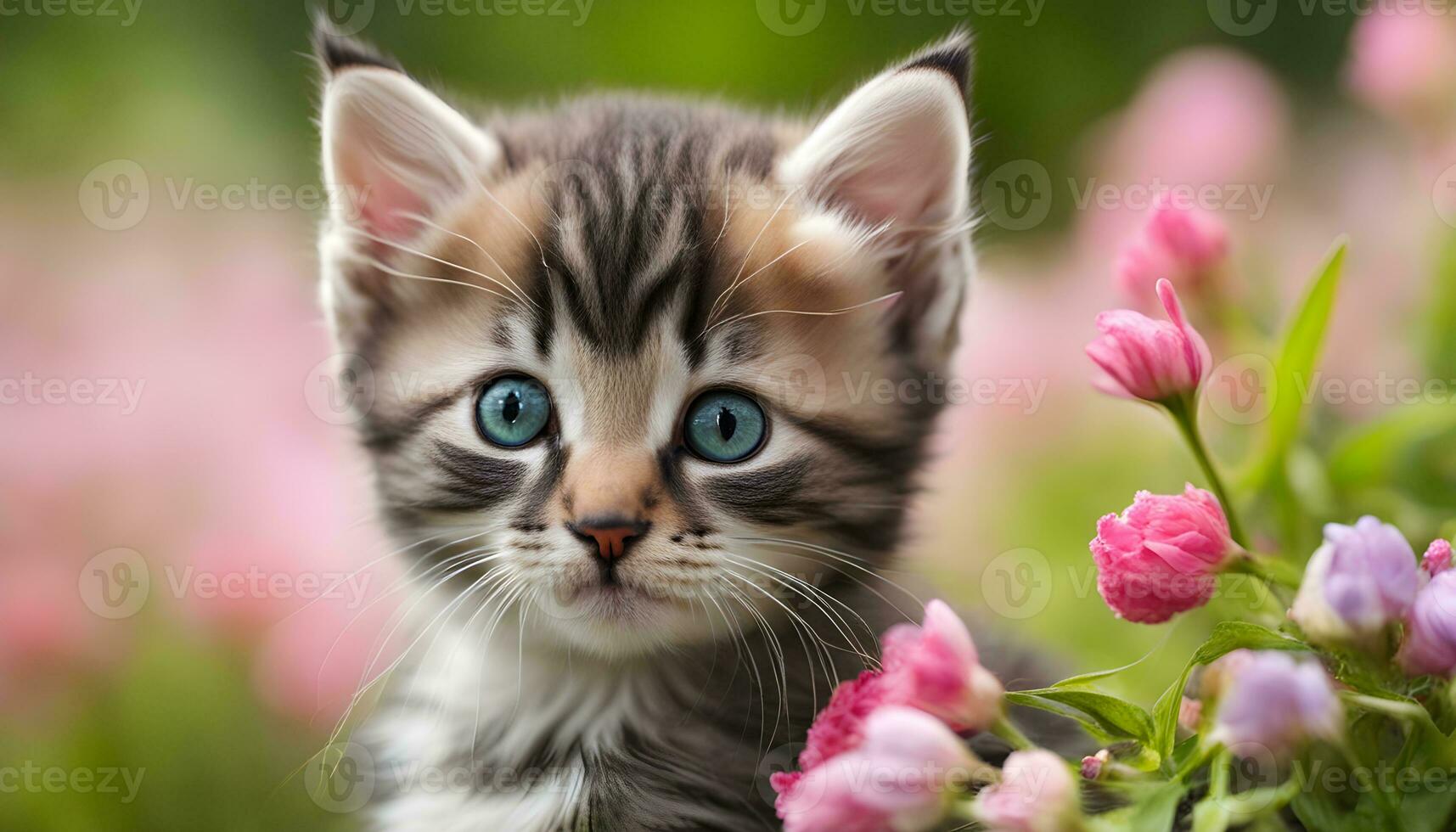 ai generado un gatito es sentado en el césped con rosado flores foto
