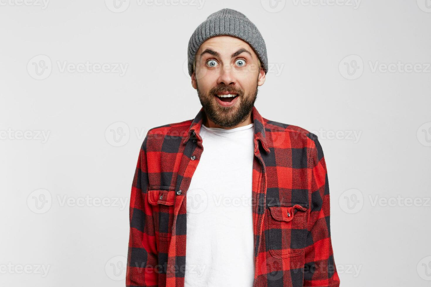 Surprised man with open mouth. Bearded man surprised with epiphany and sudden inspiration. Every inspiration is a fresh beginning. Unlock your potential. Studio photo over white background