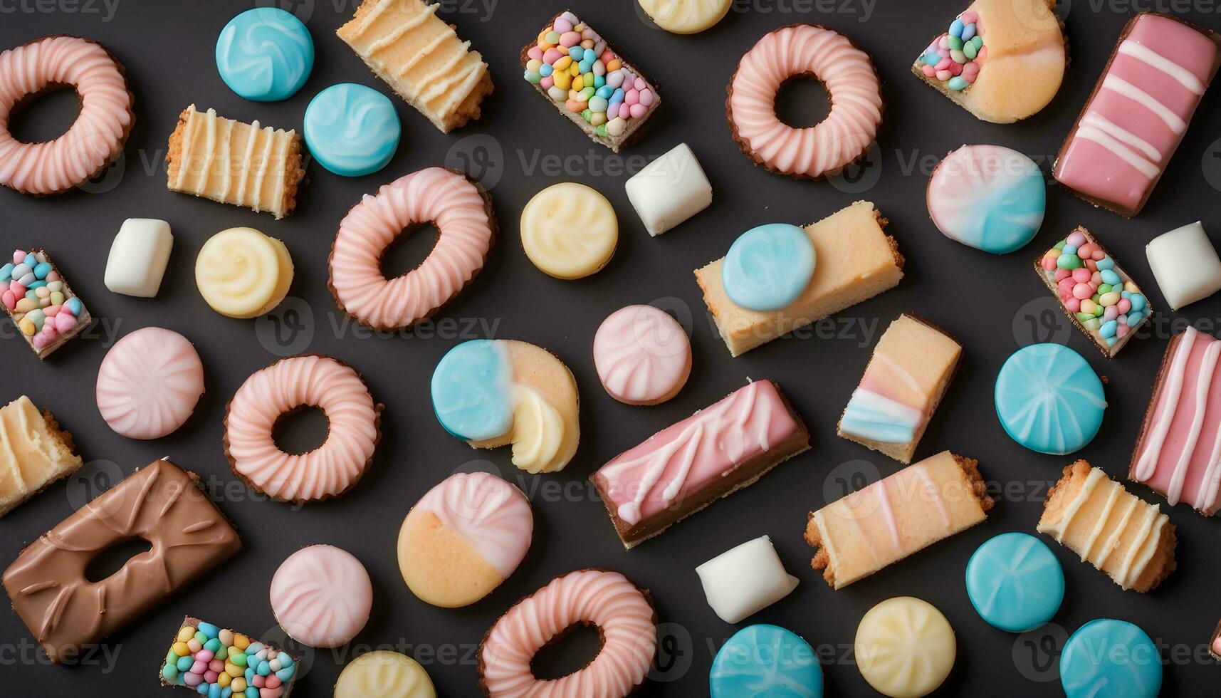 AI generated assorted cookies and pastries on a black background photo