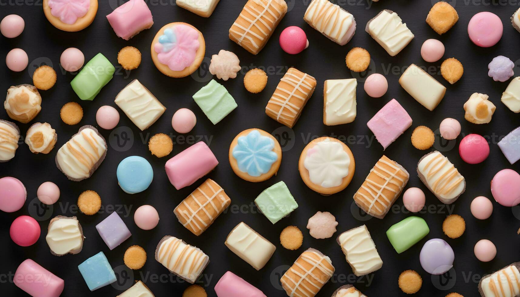 AI generated many different kinds of cookies and candies on a black background photo