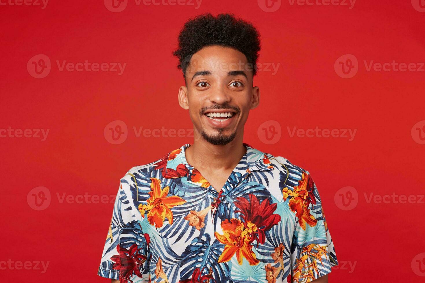 Portrait of cheerful young African American guy, wears in Hawaiian shirt, looks at the camera with happy expression, stands over red background and broadly smiles. photo