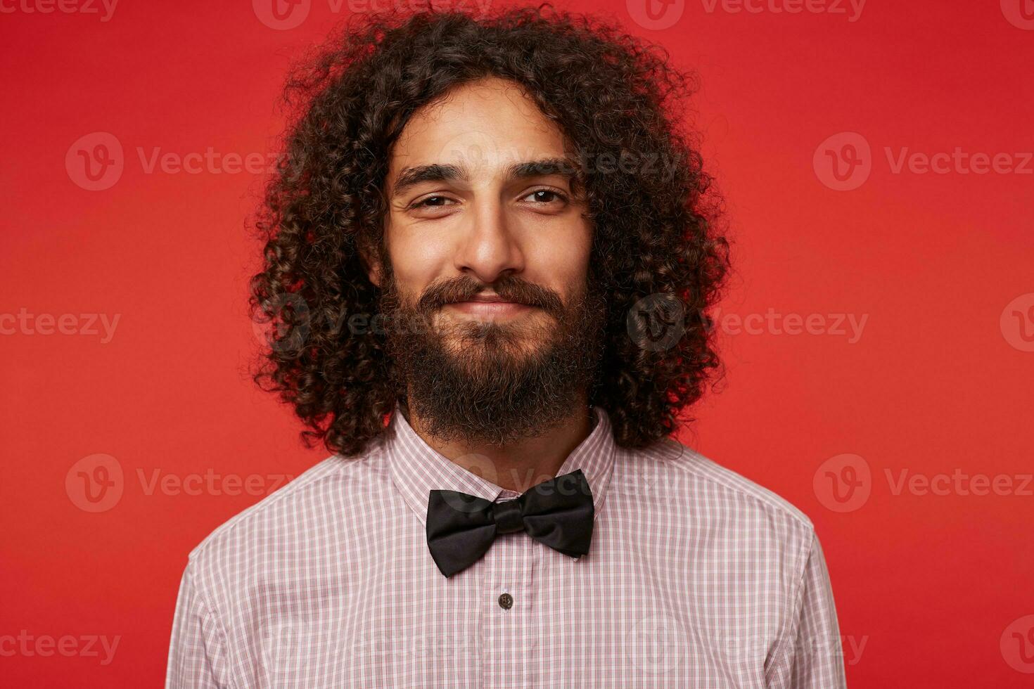 Portrait of positive attractive brunette curly guy with beard wearing checkered shirt and black bow-tie while posing over red background, looking to camera with gentle smile photo