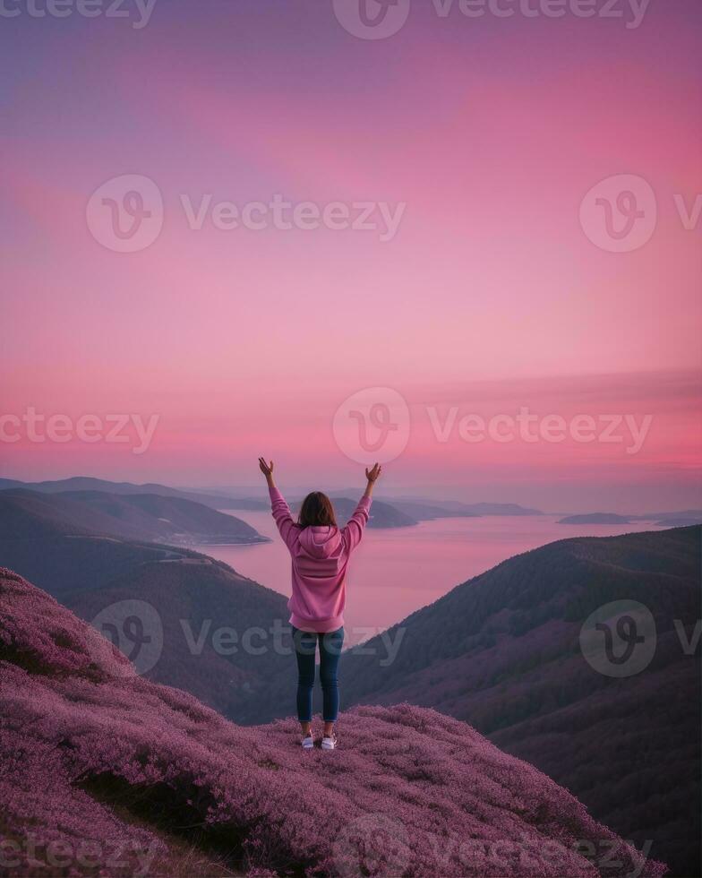 AI generated young woman hiker open arms on top of a mountain at sunrise. ai generative photo