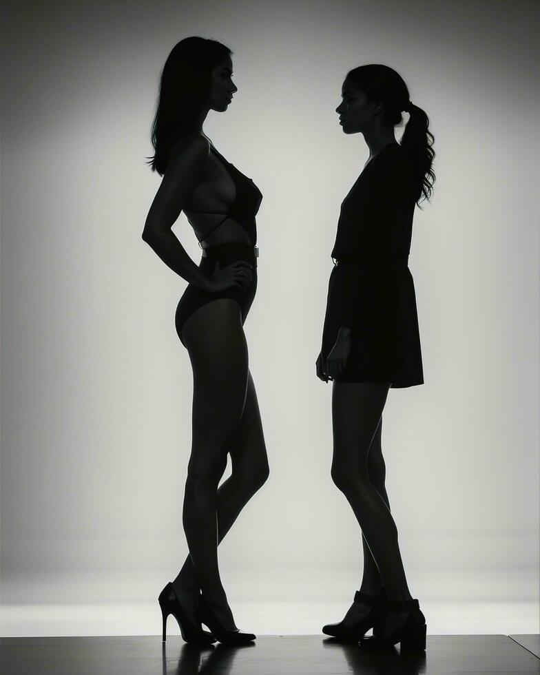 AI generated Silhouette of three women in black and white dresses, studio shot. ai generative photo