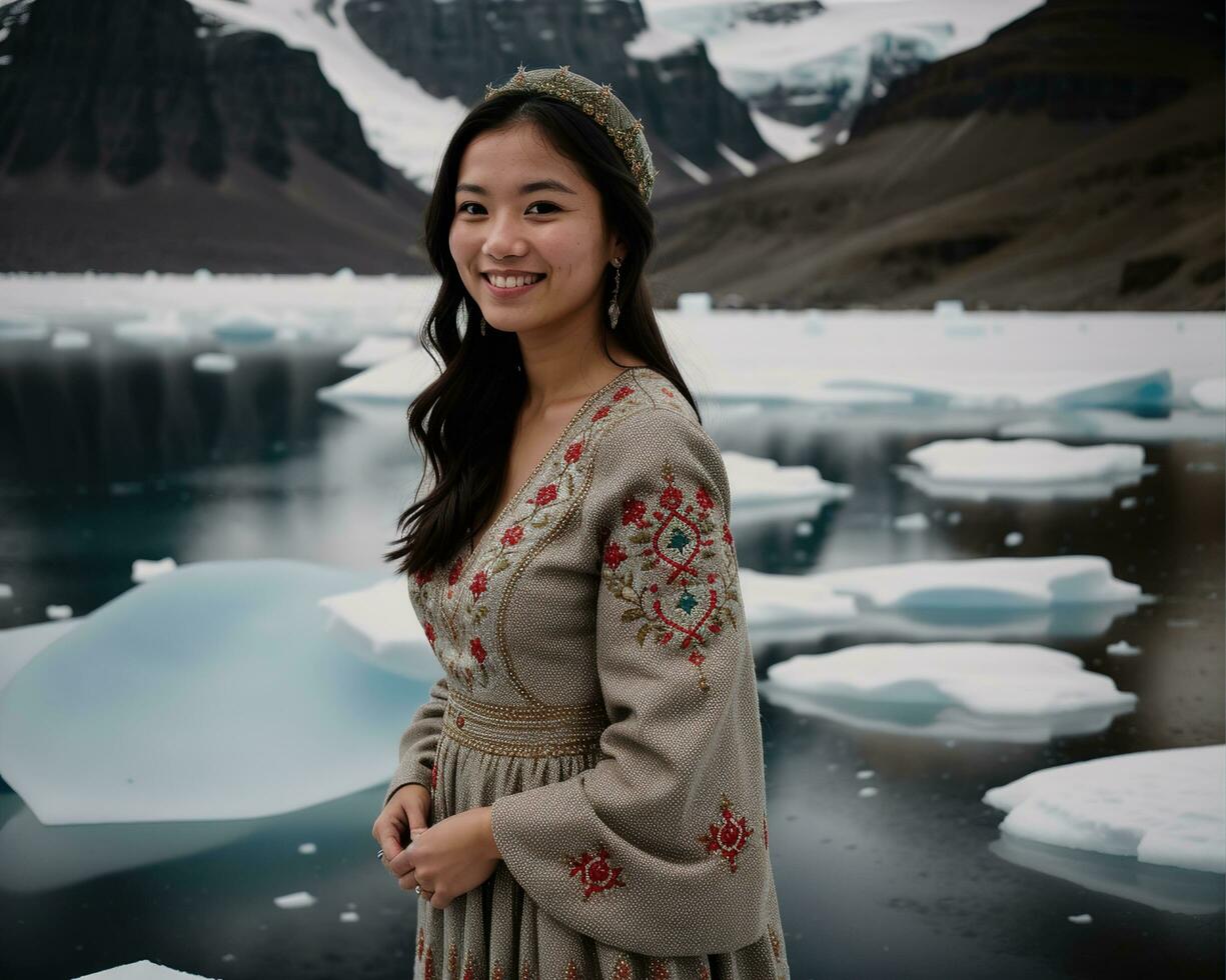 AI generated Portrait of a young woman smiling at camera in front of icebergs. ai generative photo