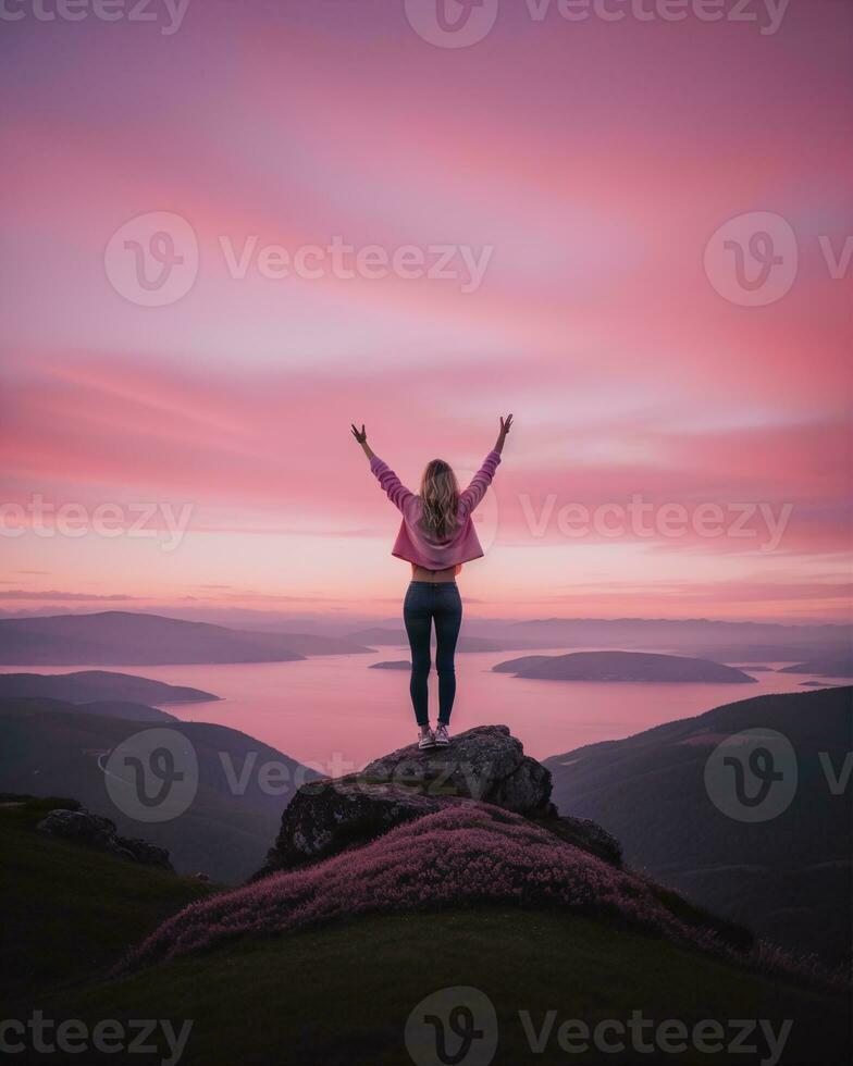 AI generated young woman hiker open arms on top of a mountain at sunrise. ai generative photo