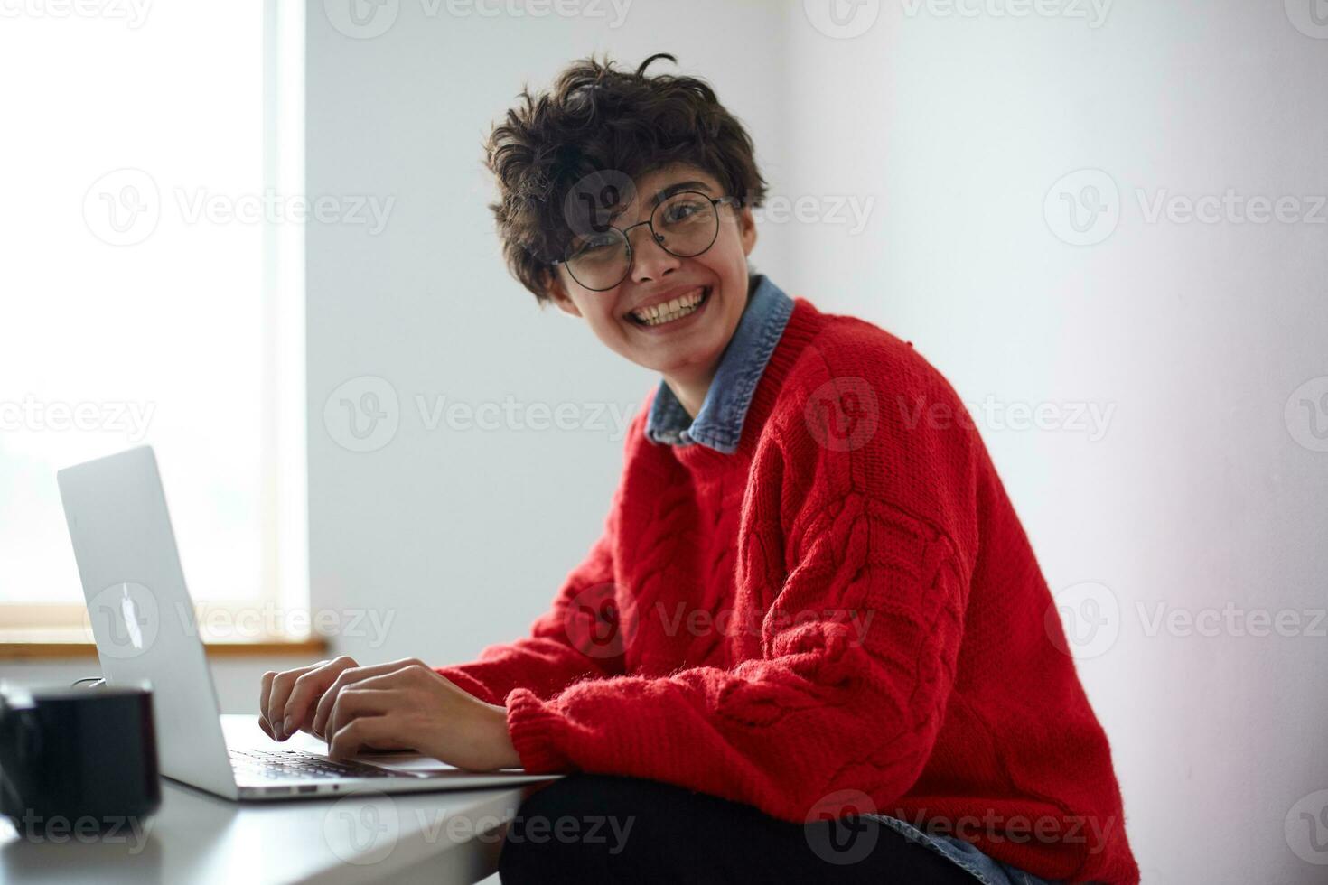 Happy stylish young attractive short haired brunette female wearing blue jeans shirt and red knited sweater while sitting at table with modern laptop, being in high spirit and smiling widely at camera photo