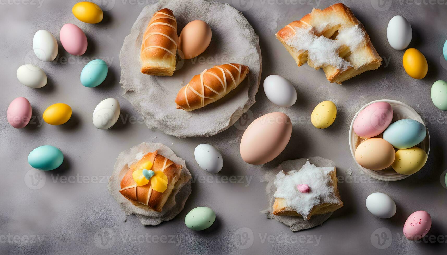 AI generated easter eggs and bread on a table photo