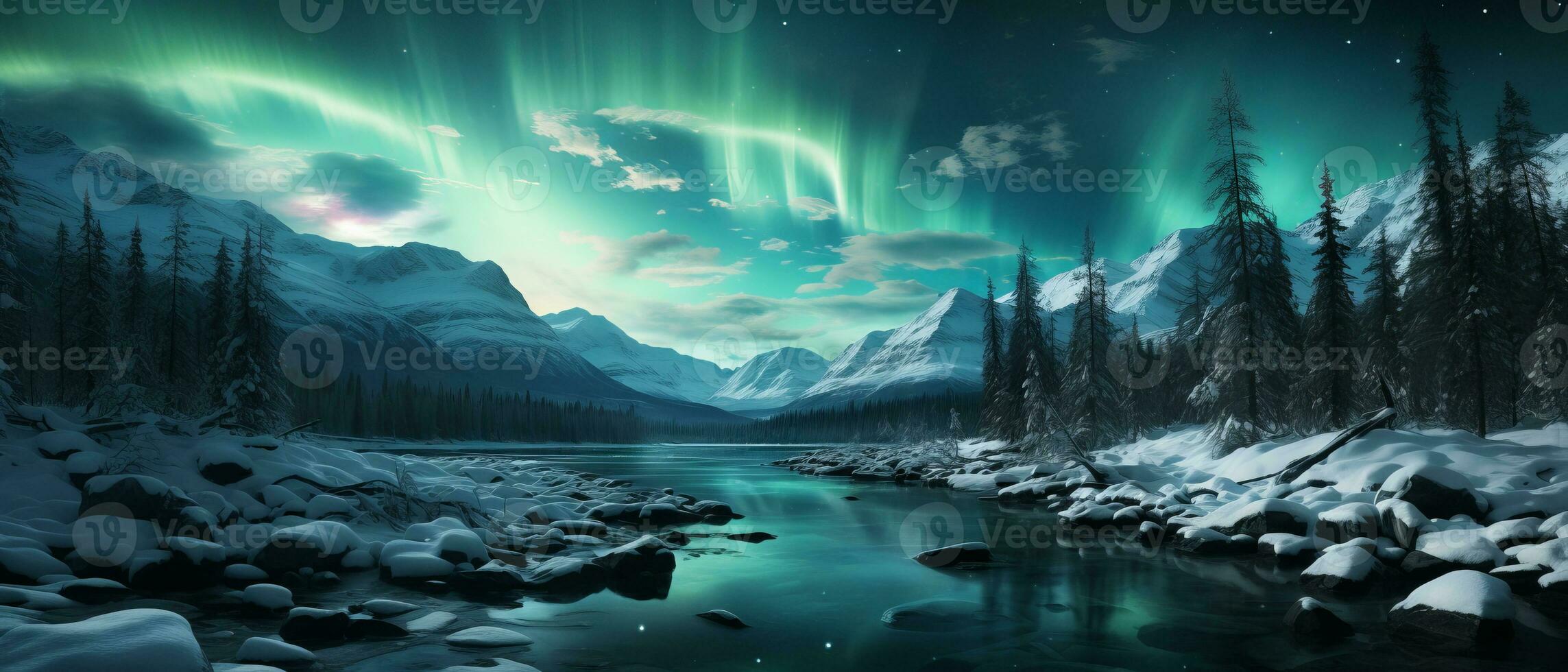 AI generated Aurora Borealis Over Pristine Snowy Landscape photo