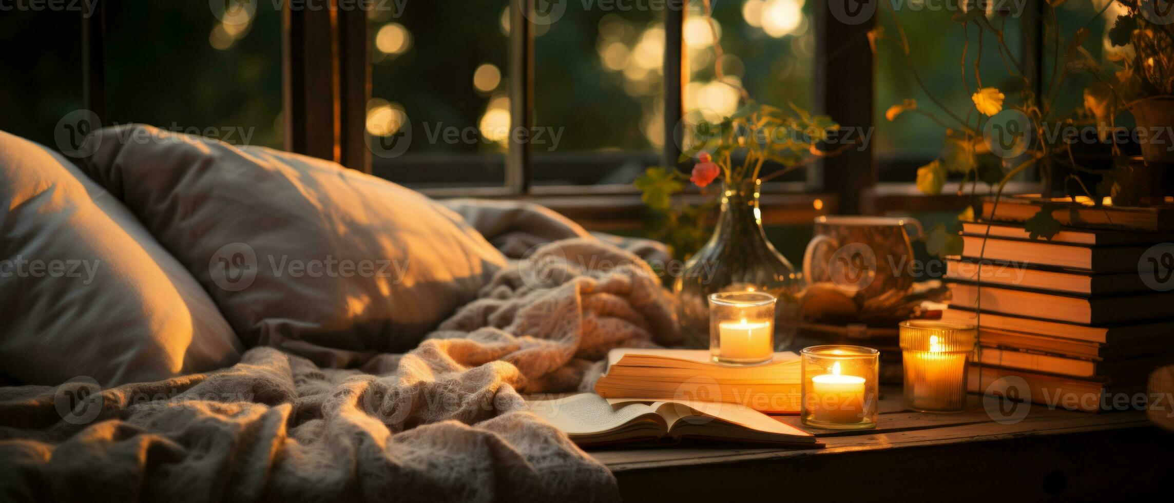 AI generated Cozy Reading Nook with Warm Lantern Light photo