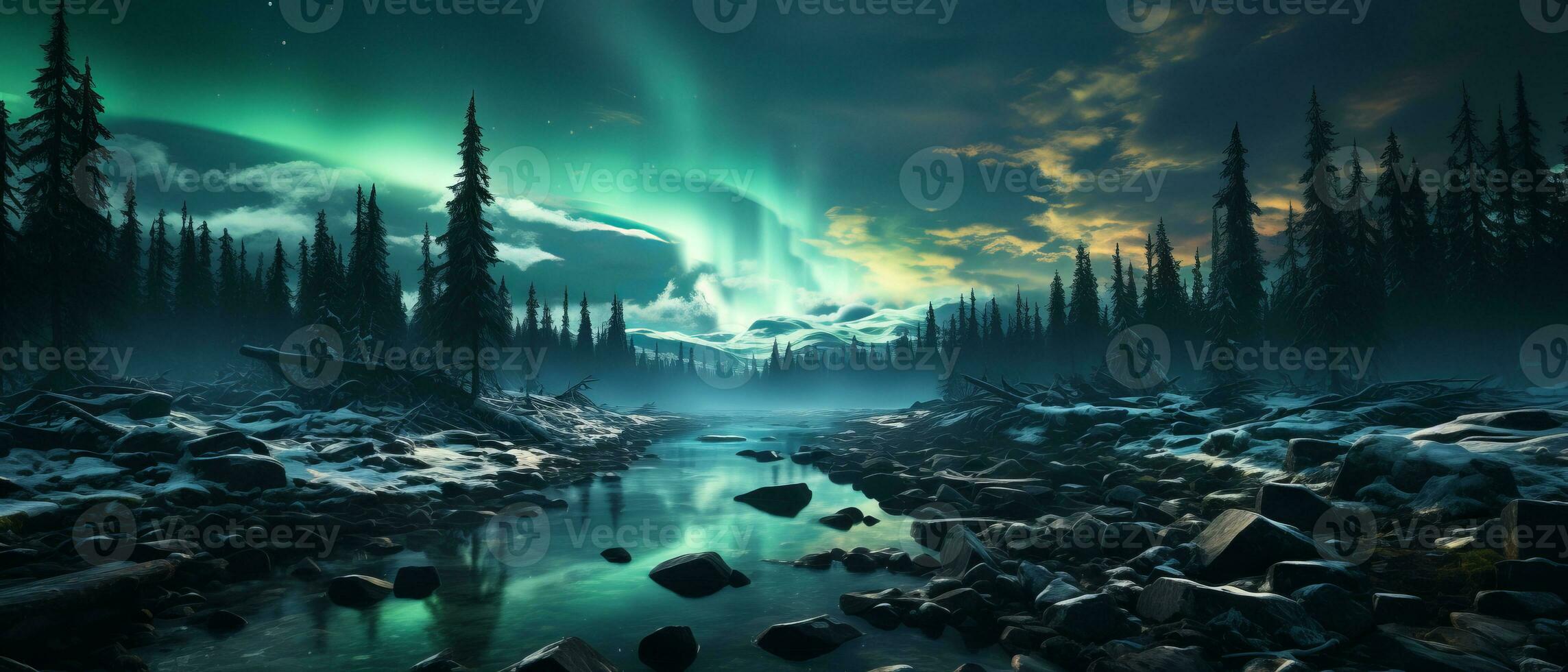 AI generated Aurora Borealis Over Pristine Snowy Landscape photo