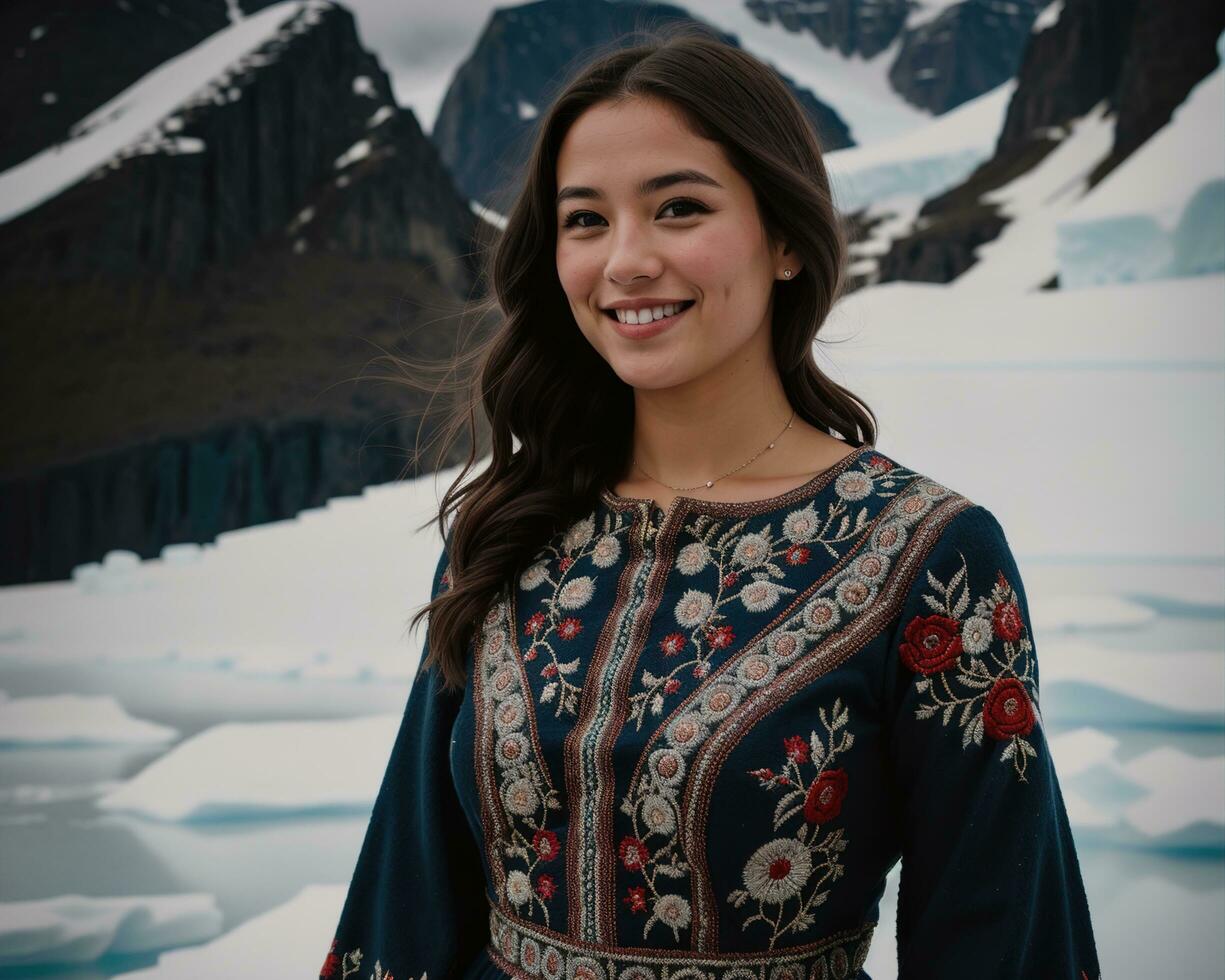 AI generated Portrait of a young woman smiling at camera in front of icebergs. ai generative photo
