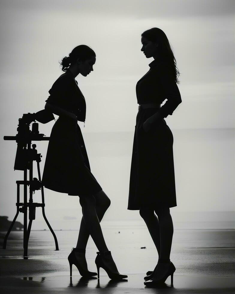 AI generated Silhouette of three women in black and white dresses, studio shot. ai generative photo