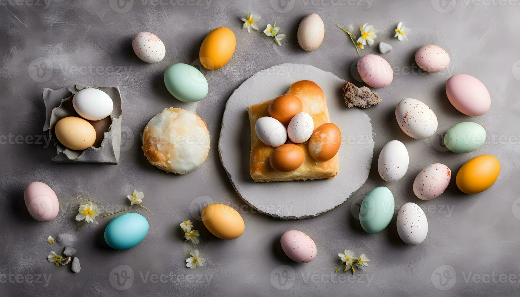 AI generated colorful easter eggs and bread on a gray background photo