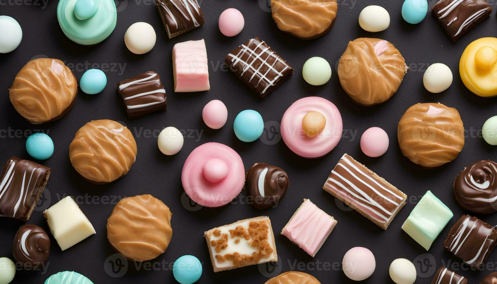 AI generated various types of chocolate candies on a black background photo