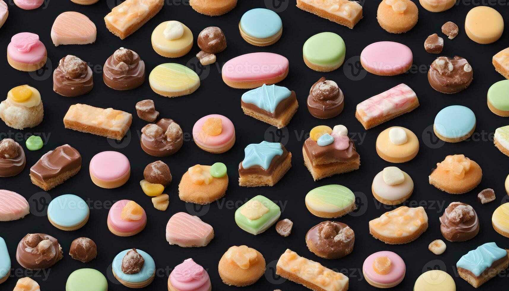AI generated a large assortment of different colored sweets on a black background photo