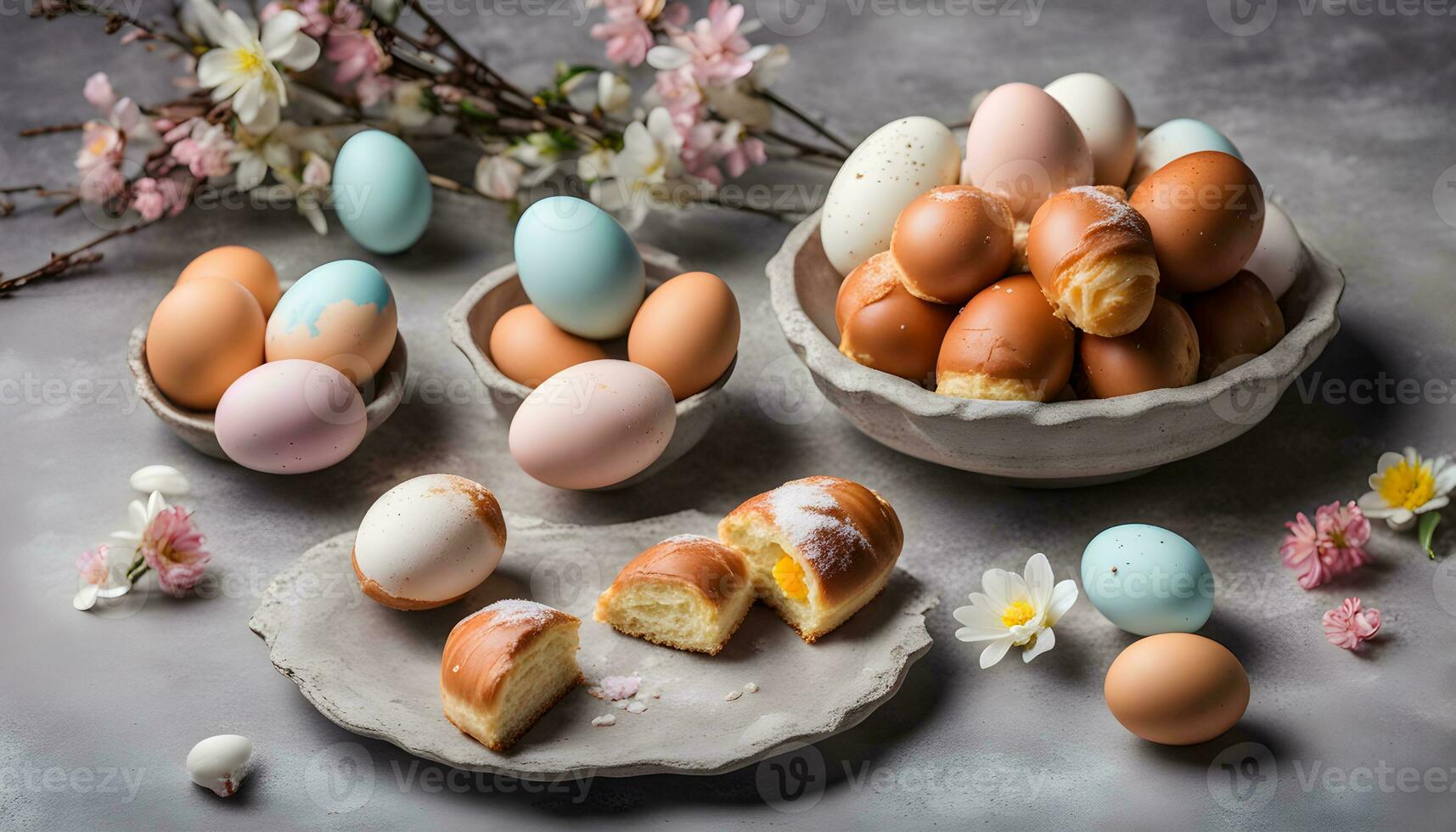 AI generated a table with a bowl of eggs and a bowl of doughnuts photo