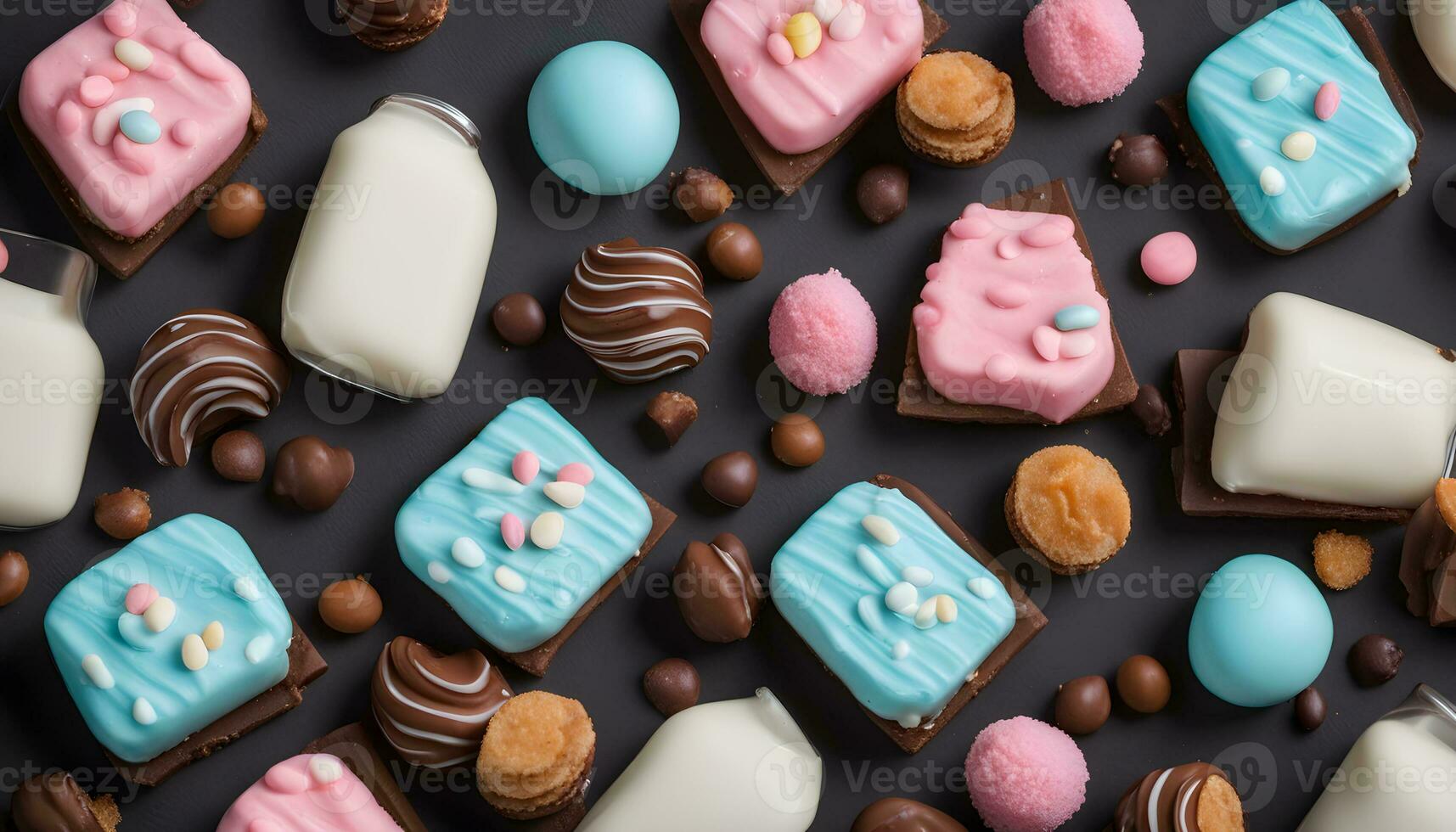 AI generated various colorful chocolate and candy bars on a black background photo