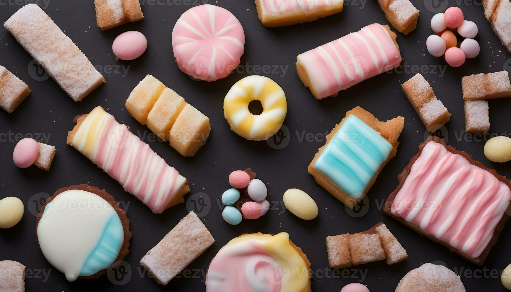 AI generated various pastries on a black background photo