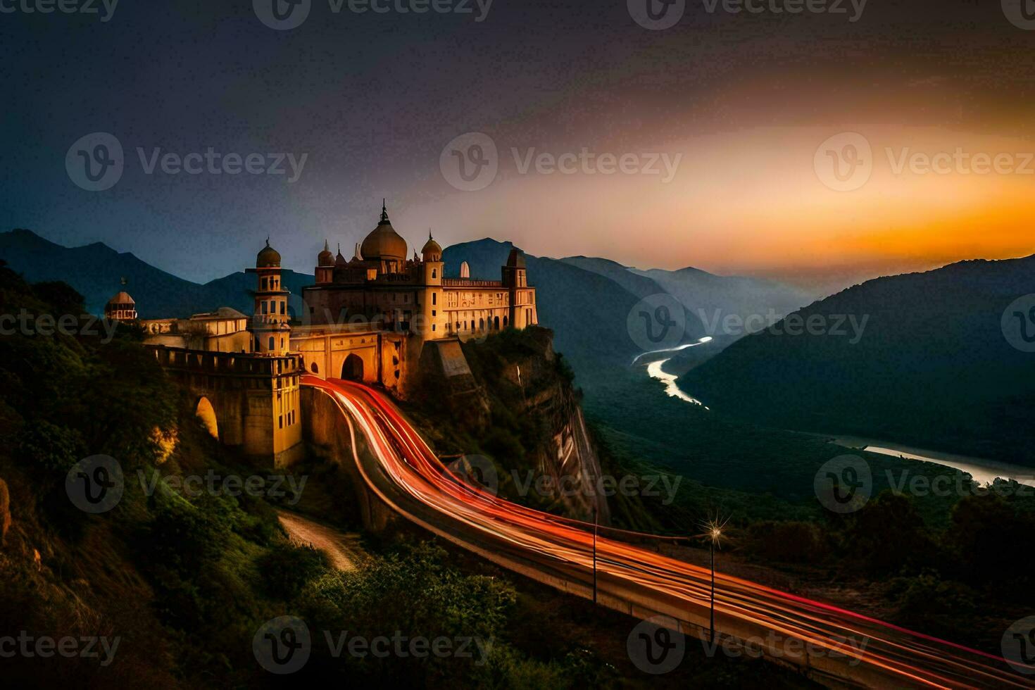 AI generated a castle in the mountains at sunset photo