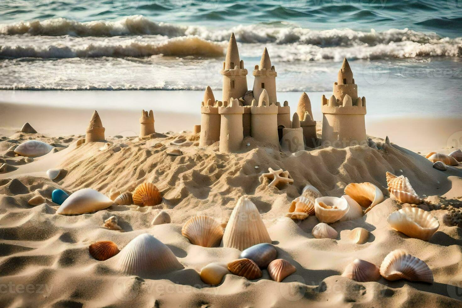 ai generado un arena castillo en el playa con conchas y conchas marinas foto