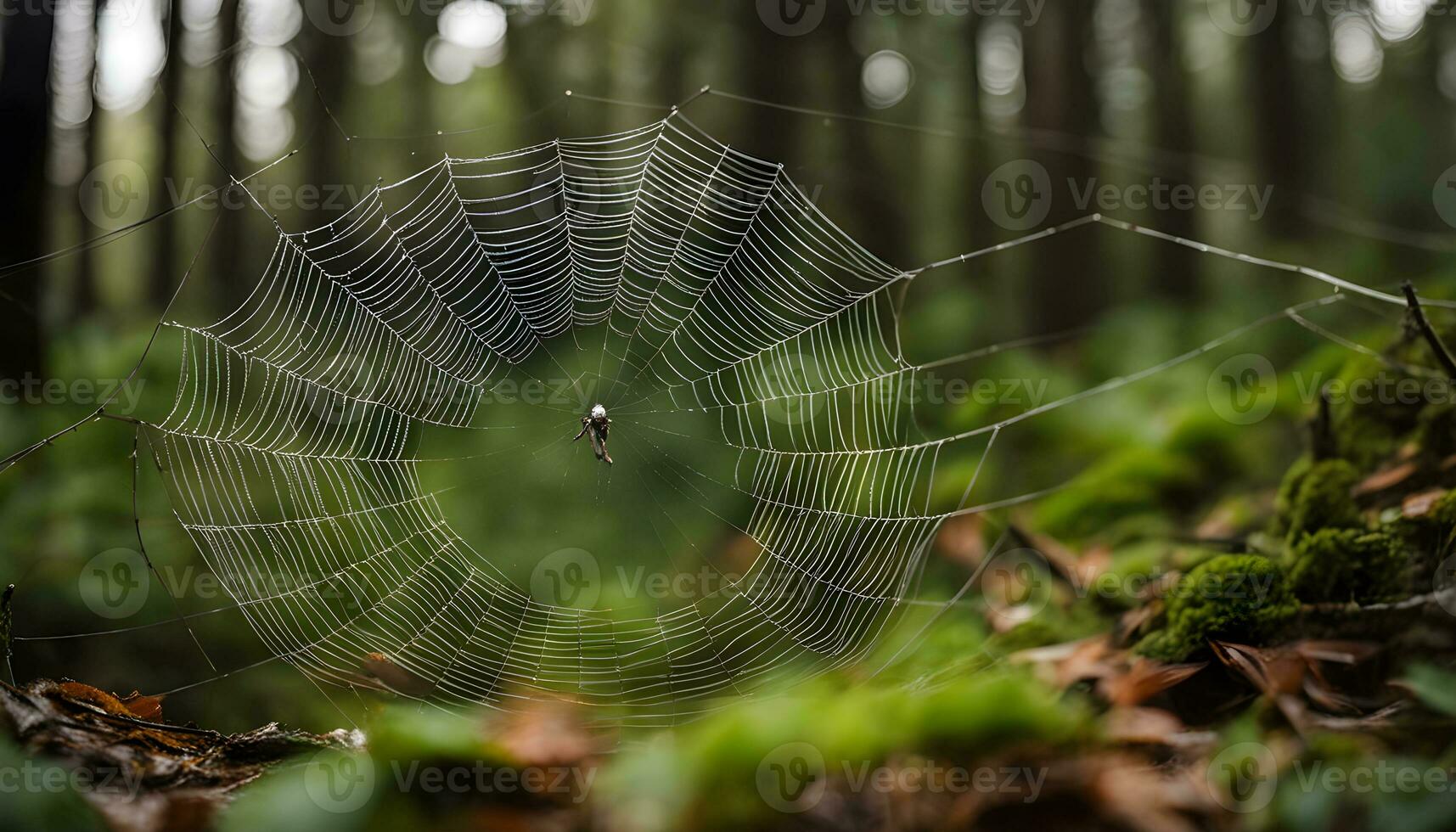 AI generated a spider web in the middle of a forest photo