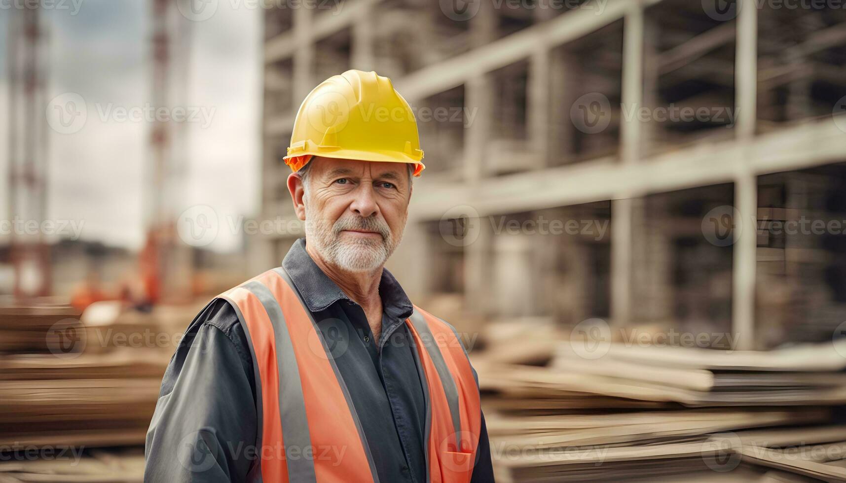 AI generated an older man in a hard hat standing in front of a construction site photo