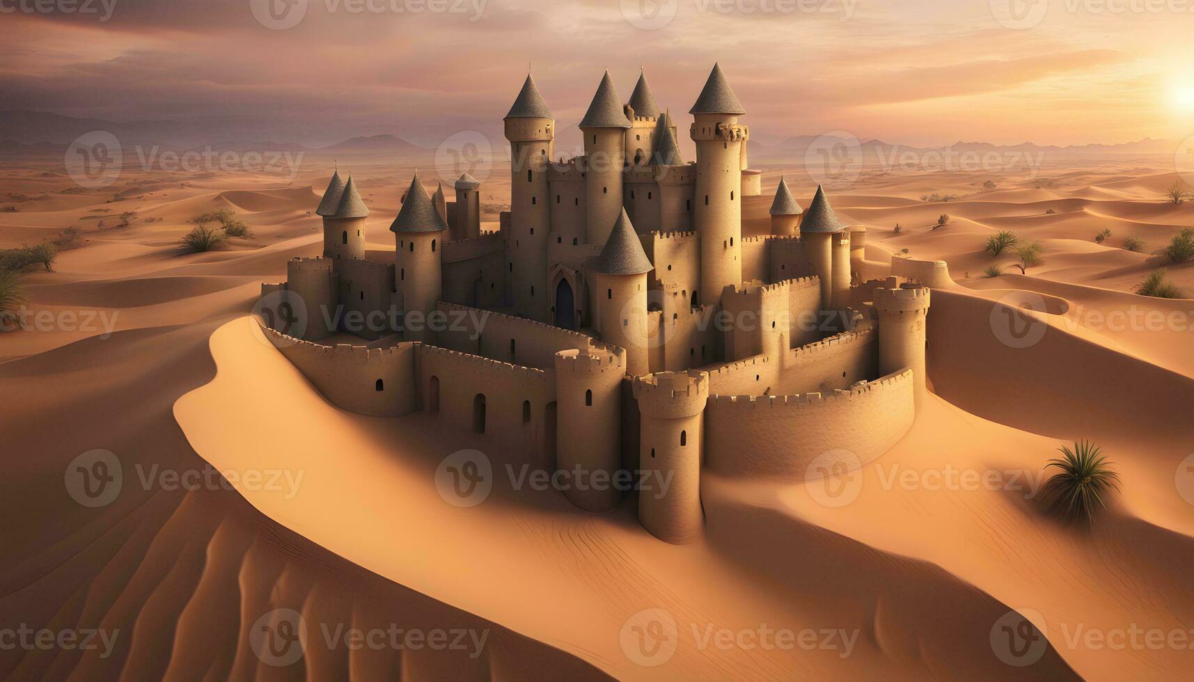 AI generated sand castle in the desert with a sunset photo