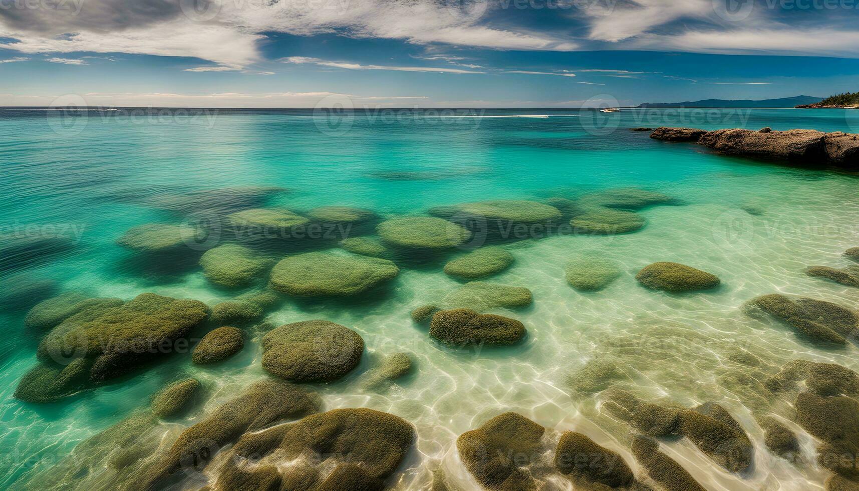 AI generated a beautiful beach with rocks and water photo
