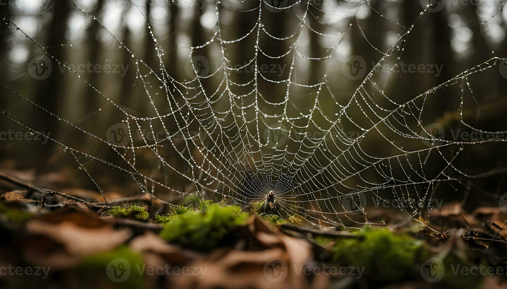 AI generated a spider web is covered with dew in the woods photo