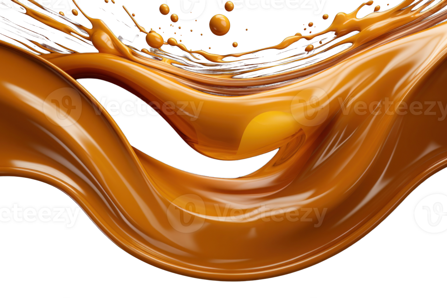 AI generated Splash of melted caramel sauce isolated on transparent background. Brown toffee wave splashing with droplets. Tasty confectionary png