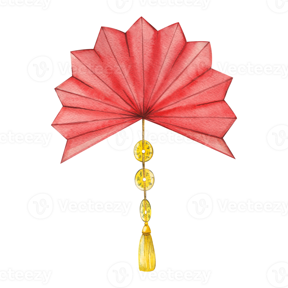 Watercolor illustration. Chinese fan pendant in red painted on a transparent background. Chinese New Year. Suitable for printing on fabric and paper, for creativity and design png