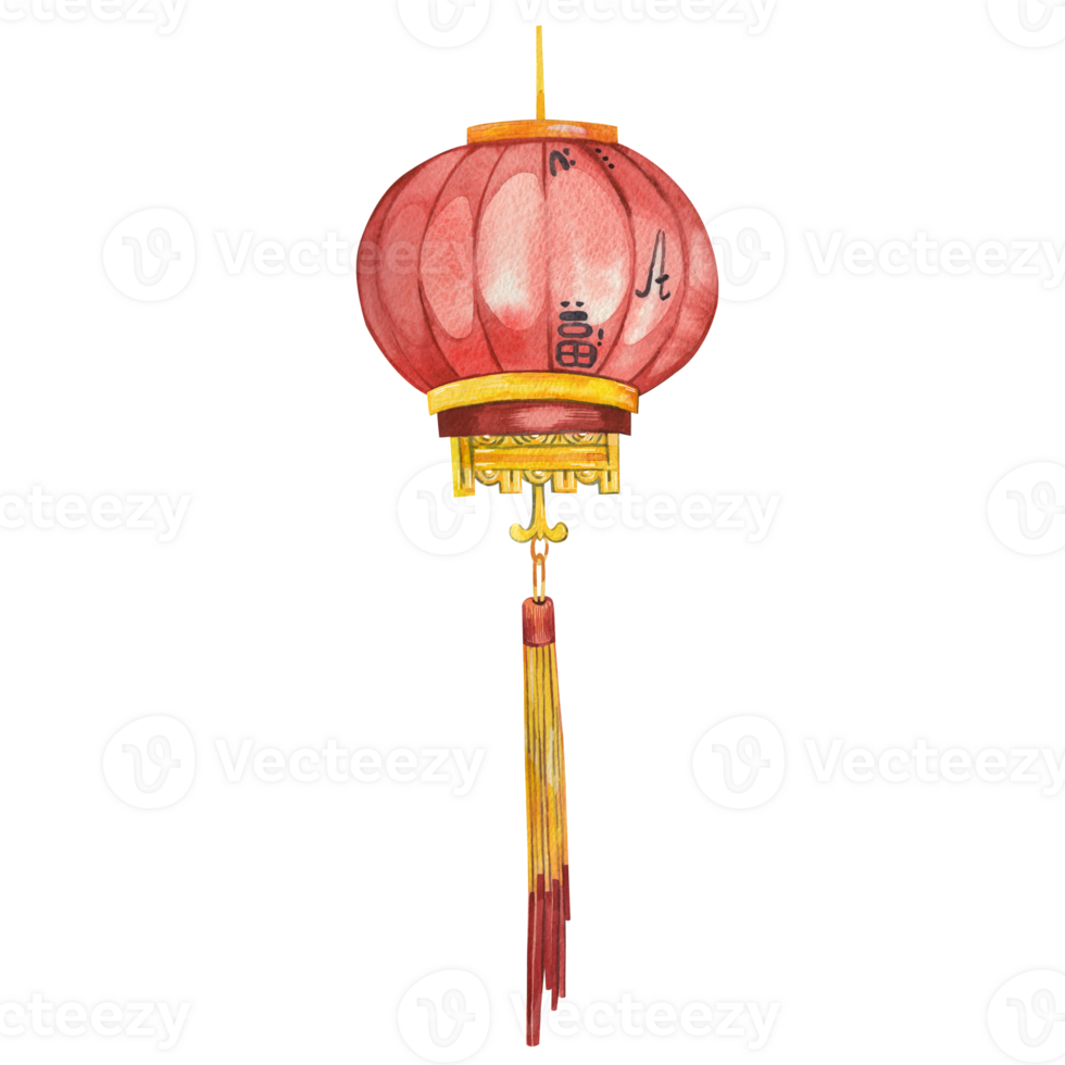 Watercolor illustration. Chinese lantern for New Year. Red and yellow lantern with pendant and gold elements, hand painted in watercolor. Suitable for cards, posters, design and scrapbooking png