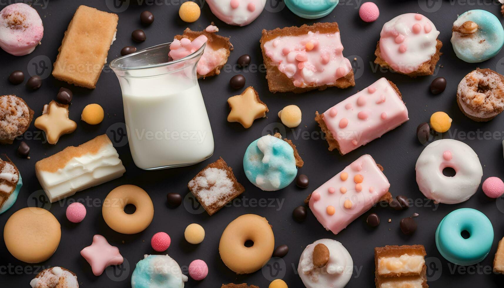 AI generated various pastries and cookies with milk on a dark background photo