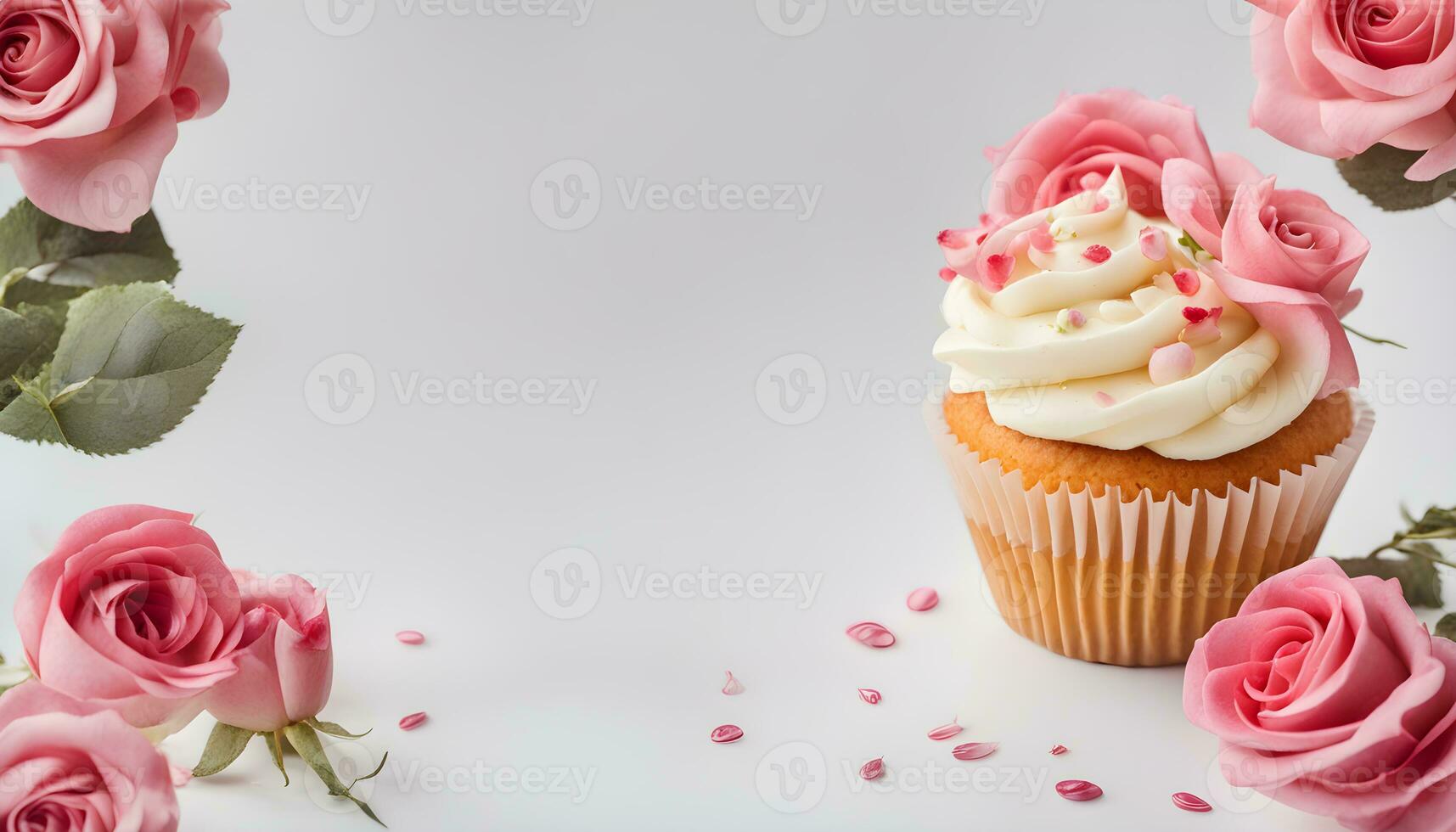 AI generated cupcake with frosting and pink roses on white background photo